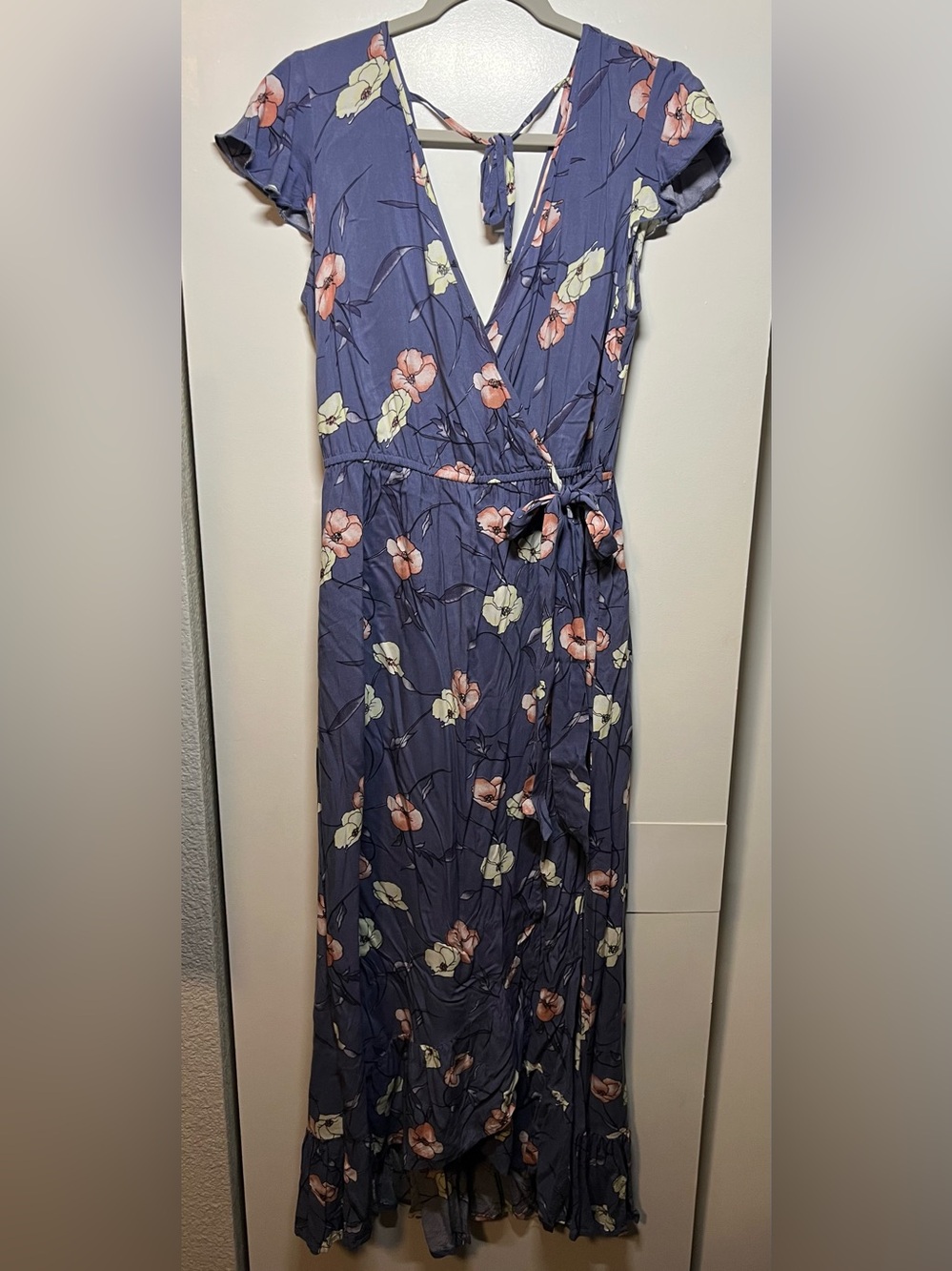Floral V-Neck Maxi Dress in Lavender Blue with Tie Waist
